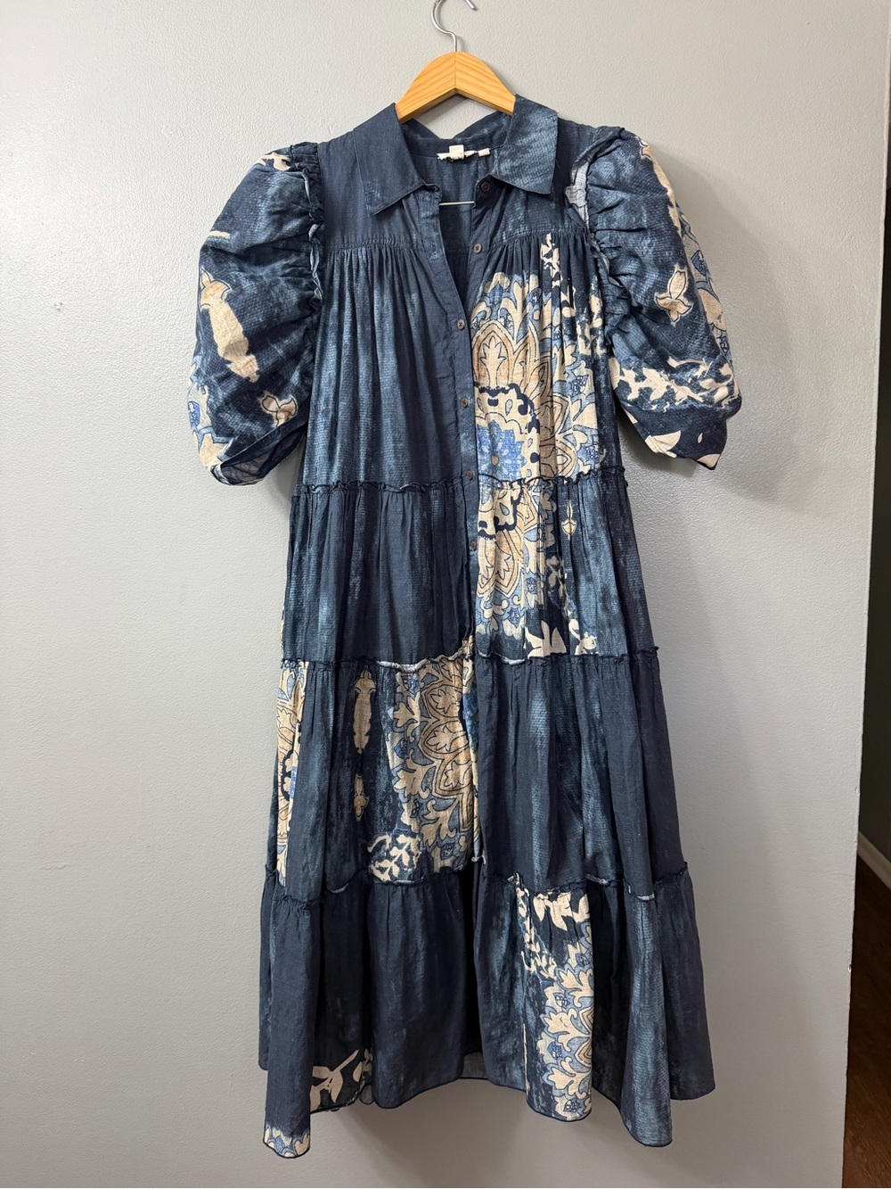 Anthropologie Let Me Be Puff-Sleeve Patchwork Cotton Midi Shirt Dress Large - Picture 5 of 13